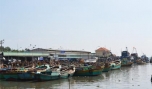 Tàu cá ở Cảng cá Vàm Láng đang chuẩn bị nguyên vật liệu để ra khơi đánh bắt.
