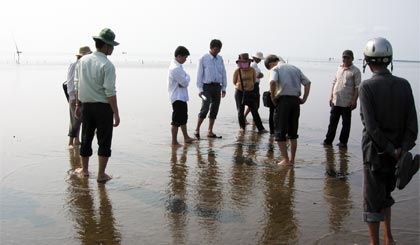 Tổ khảo sát nghêu chết của huyện Gò Công Đông cùng với cán bộ Sở NN&PTNT khảo sát nghêu chết (ảnh chụp ở xã Tân Thành, huyện Gò Công Đông)