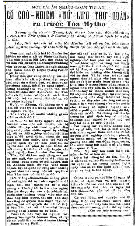 Bài tường thuật của Báo Trung Lập ngày 13 Février 1930 về vụ xét xử bà Vân.