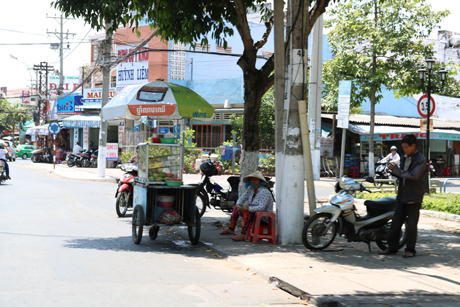 Trong những ngày nắng nóng, những người đẩy xe bán trái cây dạo cũng không thể tiếp tục công việc của mình vào mỗi buổi trưa mà phải “trốn nắng” trong những bóng cây.